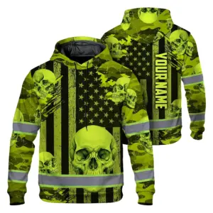 Hi Vis Hoodie Reflective Tapes Lime Neon US Flag Skull Custom Name Safety Workwear For Workers, Truckers, Operators
