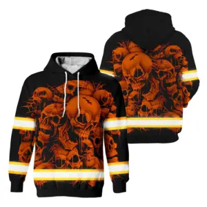 Hi Vis Hoodie Reflective Tapes Orange Neon Skull Safety Workwear For Skull Lovers, Truckers, Workers, Runners, Cyclists