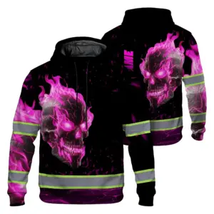 Hi Vis Hoodie Reflective Tapes Pink Neon Skull Custom Name Safety Workwear For Workers, Truckers, Operators
