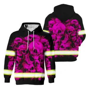 Hi Vis Hoodie Reflective Tapes Pink Neon Skull Safety Workwear For Skull Lovers, Truckers, Workers, Runners, Cyclists