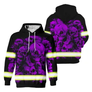 Hi Vis Hoodie Reflective Tapes Violet Neon Skull Safety Workwear For Skull Lovers, Truckers, Workers, Runners, Cyclists