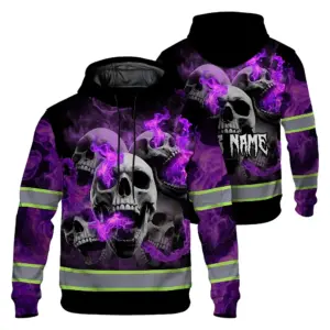 Hi Vis Hoodie Reflective Tapes Violet Neon Smoke Skull Custom Name Safety Workwear For Workers, Truckers, Operators