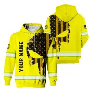 Hi Vis Hoodie Reflective Yellow Neon Skull With USA Flag