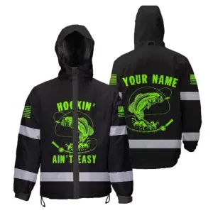 Hi Vis Jacket Waterproof Reflective Fishing Blue Neon Safety Workwear For Fishing Lovers Workers, Runners, Cyclists, Trucker, Operator, Patriotic