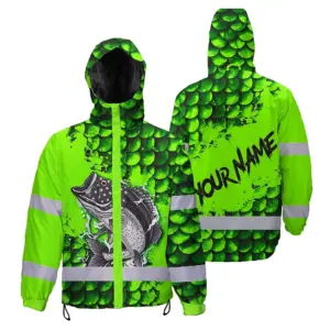 Hi Vis Jacket Waterproof Reflective Fishing Green Neon Custom Name Safety Workwear For Fishing Lovers Workers, Runners, Cyclists, Trucker, Operator, Patriotic