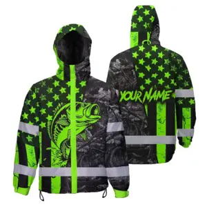 Hi Vis Jacket Waterproof Reflective Fishing Green Neon Custom Name Safety Workwear For Fishing Lovers Workers, Runners, Cyclists, Trucker, Operator, Patriotic