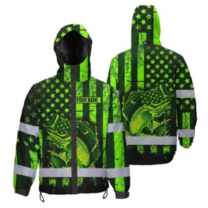 Hi Vis Jacket Waterproof Reflective Fishing Green Neon Safety Workwear For Fishing Lovers Workers, Runners, Cyclists, Trucker, Operator, Patriotic