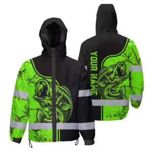 Hi Vis Jacket Waterproof Reflective Fishing Green Neon US Flag Custom Name Safety Workwear For Fishing Lovers Workers, Runners, Cyclists, Trucker, Operator