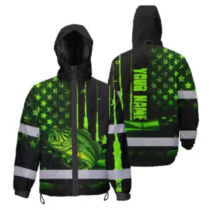 Hi Vis Jacket Waterproof Reflective Fishing US Flag Custom Name Safety Workwear For Fishing Lovers Workers, Runners, Cyclists, Trucker, Operator, Patriotic