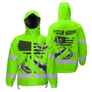 Hi Vis Jacket Waterproof Reflective Tapes Green Bass Fish Fishing Safety Workwear For Fishing Lovers Workers, Runners, Cyclists, Trucker, Operator, Patriotic