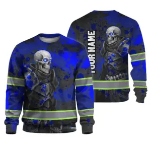 Hi Vis Long Sleeve Reflective Tapes Blue Grey Neon Skull Custom Name Safety Workwear For Workers, Truckers, Operators