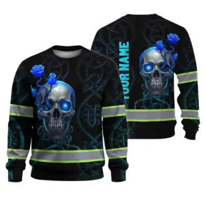 Hi Vis Long Sleeve Reflective Tapes Blue Neon Skull Custom Name Safety Workwear For Workers, Truckers, Operators
