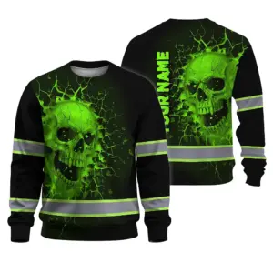 Hi Vis Long Sleeve Reflective Tapes Green Neon Break Skull Custom Name Safety Workwear For Workers, Truckers, Operators