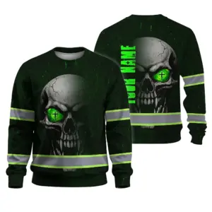 Hi Vis Long Sleeve Reflective Tapes Green Neon Light Skull Custom Name Safety Workwear For Workers, Truckers, Operators