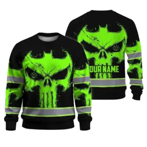 Hi Vis Long Sleeve Reflective Tapes Green Neon Skull 2 Custom Name Safety Workwear For Workers, Truckers, Operators
