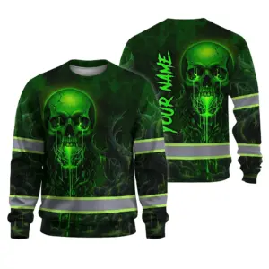Hi Vis Long Sleeve Reflective Tapes Green Neon Skull 3 Custom Name Safety Workwear For Workers, Truckers, Operators
