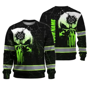 Hi Vis Long Sleeve Reflective Tapes Green Neon Skull Custom Name Safety Workwear For Workers, Truckers, Operators