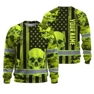 Hi Vis Long Sleeve Reflective Tapes Lime Neon US Flag Skull Custom Name Safety Workwear For Workers, Truckers, Operators