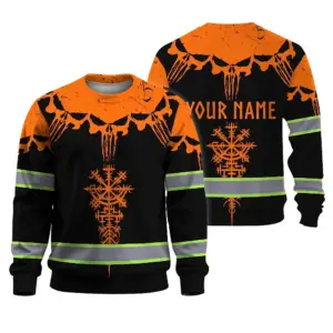 Hi Vis Long Sleeve Reflective Tapes Orange Neon Skull Custom Name Safety Workwear For Workers, Truckers, Operators