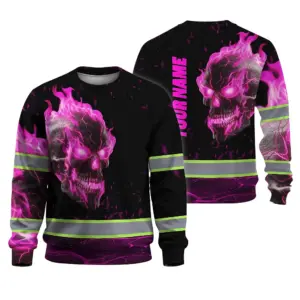 Hi Vis Long Sleeve Reflective Tapes Pink Neon Skull Custom Name Safety Workwear For Workers, Truckers, Operators