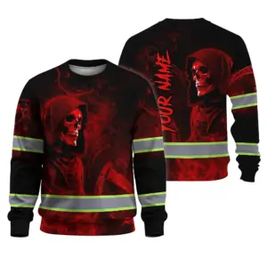 Hi Vis Long Sleeve Reflective Tapes Red Neon Skull Custom Name Safety Workwear For Workers, Truckers, Operators