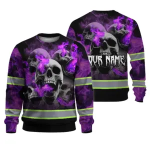 Hi Vis Long Sleeve Reflective Tapes Violet Neon Smoke Skull Custom Name Safety Workwear For Workers, Truckers, Operators