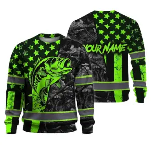 Hi Vis Long Sleeve Shirt Reflective Fishing Green Neon Custom Name Safety Workwear For Fishing Lovers Workers, Runners, Cyclists, Trucker, Operator, Patriotic
