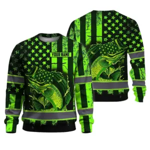 Hi Vis Long Sleeve Shirt Reflective Fishing Green Neon Safety Workwear For Fishing Lovers Workers, Runners, Cyclists, Trucker, Operator, Patriotic