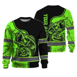 Hi Vis Long Sleeve Shirt Reflective Fishing Green Neon US Flag Custom Name Safety Workwear For Fishing Lovers Workers, Runners, Cyclists, Trucker, Operator