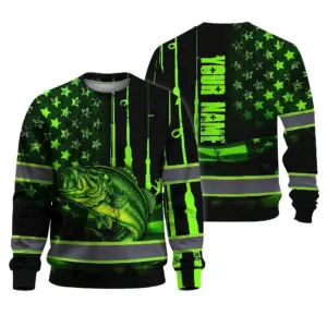 Hi Vis Long Sleeve Shirt Reflective Fishing US Flag Custom Name Safety Workwear For Fishing Lovers Workers, Runners, Cyclists, Trucker, Operator, Patriotic