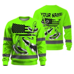 Hi Vis Long Sleeve Shirt Reflective Tapes Green Bass Fish Fishing Safety Workwear For Fishing Lovers Workers, Runners, Cyclists, Trucker, Operator, Patriotic