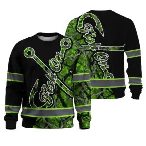 Hi Vis Long Sleeve Shirt Reflective Tapes Green Bass Fish Fishing Safety Workwear For Fishing Lovers Workers, Runners, Cyclists, Trucker, Operator, Patriotic