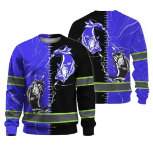 Hi Vis Long Sleeve  Shirt Reflective Tapes Green Bass Fish Fishing US Flag Safety Workwear For Fishing Lovers Workers, Runners, Cyclists, Trucker, Operator