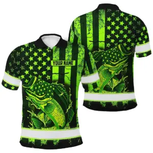 Hi Vis Polo Shirt Reflective Fishing Green Neon US Flag Custom Name Safety Workwear For Fishing Lovers Workers, Runners, Cyclists, Trucker, Operator, Patriotic