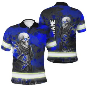 Hi Vis Polo Shirt Reflective Tapes Blue Grey Neon Skull Custom Name Safety Workwear For Workers, Truckers, Operators