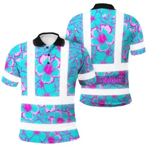 Hi Vis Polo Shirt Reflective Tapes Blue Neon And Pink Flowers Custom Name Safety Workwear For Workers, Truckers, Operators