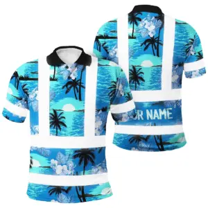 Hi Vis Polo Shirt Reflective Tapes Blue Neon Flowers 4 Custom Name