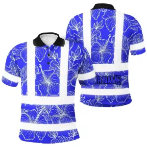 Hi Vis Polo Shirt Reflective Tapes Blue Neon Flowers Custom Name Safety Workwear For Workers, Truckers, Operators