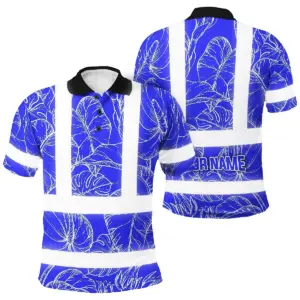 Hi Vis Polo Shirt Reflective Tapes Blue Neon Flowers Custom Name Safety Workwear For Workers, Truckers, Operators