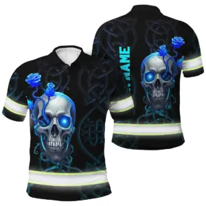 Hi Vis Polo Shirt Reflective Tapes Blue Neon Skull Custom Name Safety Workwear For Workers, Truckers, Operators