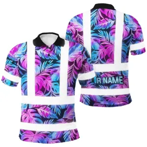 Hi Vis Polo Shirt Reflective Tapes Gradient Blue Violet Custom Name Safety Workwear For Workers, Truckers, Operators