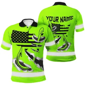 Hi Vis Polo Shirt Reflective Tapes Green Bass Fish Fishing US Flag Safety Workwear For Fishing Lovers Workers, Runners, Cyclists, Trucker, Operator, Patriotic