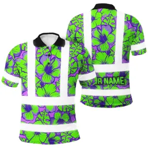 Hi Vis Polo Shirt Reflective Tapes Green Neon And Violet Flowers Custom Name Safety Workwear For Workers, Truckers, Operators