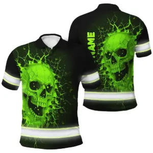 Hi Vis Polo Shirt Reflective Tapes Green Neon Break Skull Custom Name Safety Workwear For Workers, Truckers, Operators