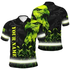 Hi Vis Polo Shirt Reflective Tapes Green Neon Eagle Veteran Custom Name Safety Workwear For Workers, Runners