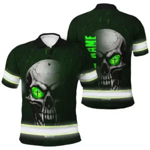 Hi Vis Polo Shirt Reflective Tapes Green Neon Light Skull Custom Name Safety Workwear For Workers, Truckers, Operators