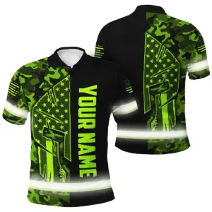 Hi Vis Polo Shirt Reflective Tapes Green Neon Military And US Flag Custom Name Safety Workwear For Workers, Runners