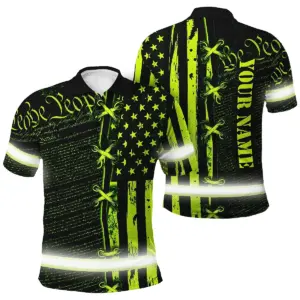 Hi Vis Polo Shirt Reflective Tapes Green Neon Patriotic And US Flag Custom Name Safety Workwear For Workers, Runners