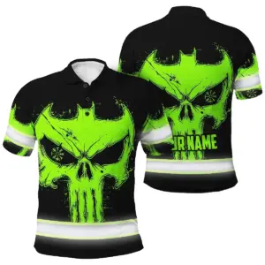 Hi Vis Polo Shirt Reflective Tapes Green Neon Skull 2 Custom Name Safety Workwear For Workers, Truckers, Operators