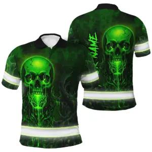 Hi Vis Polo Shirt Reflective Tapes Green Neon Skull 3 Custom Name Safety Workwear For Workers, Truckers, Operators